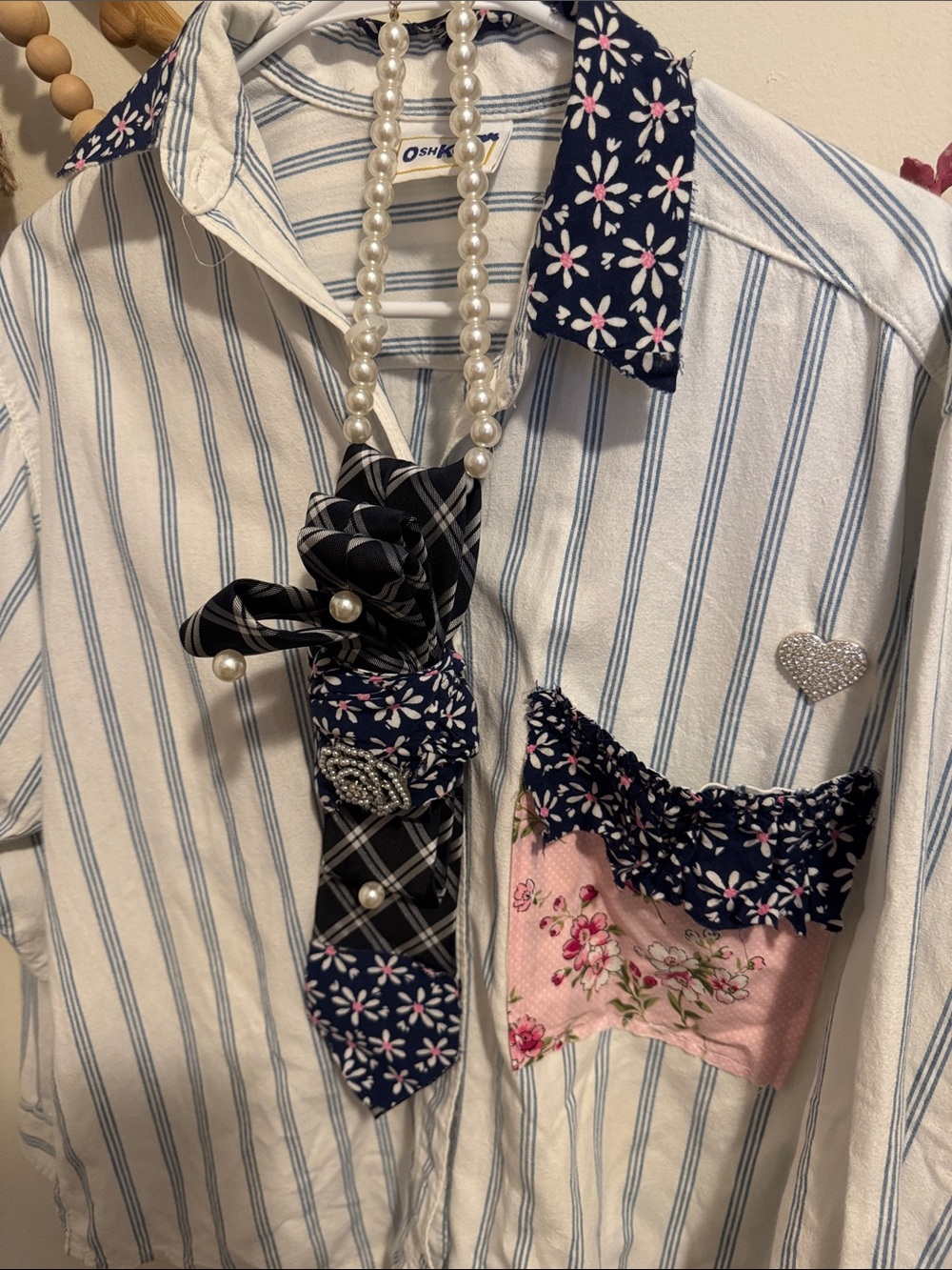 OshKosh B'gosh White and Blue Striped Button-Down with Floral Accents